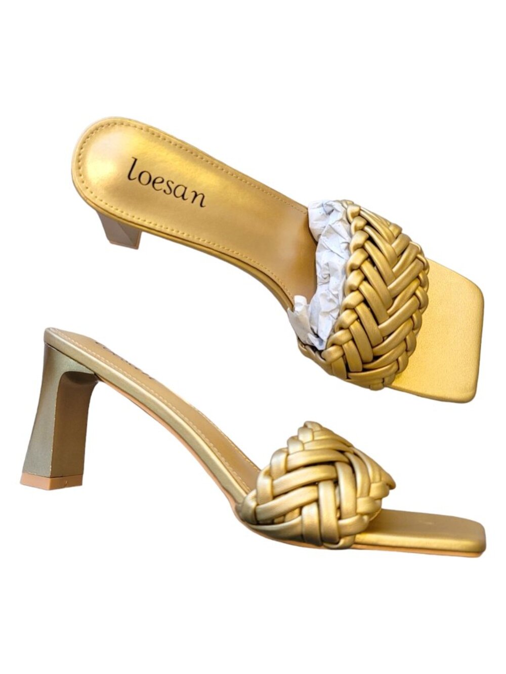 Gold Heeled Slides Dressy Sandals Square Toe Braided by Loesan Size 42 JJ3321